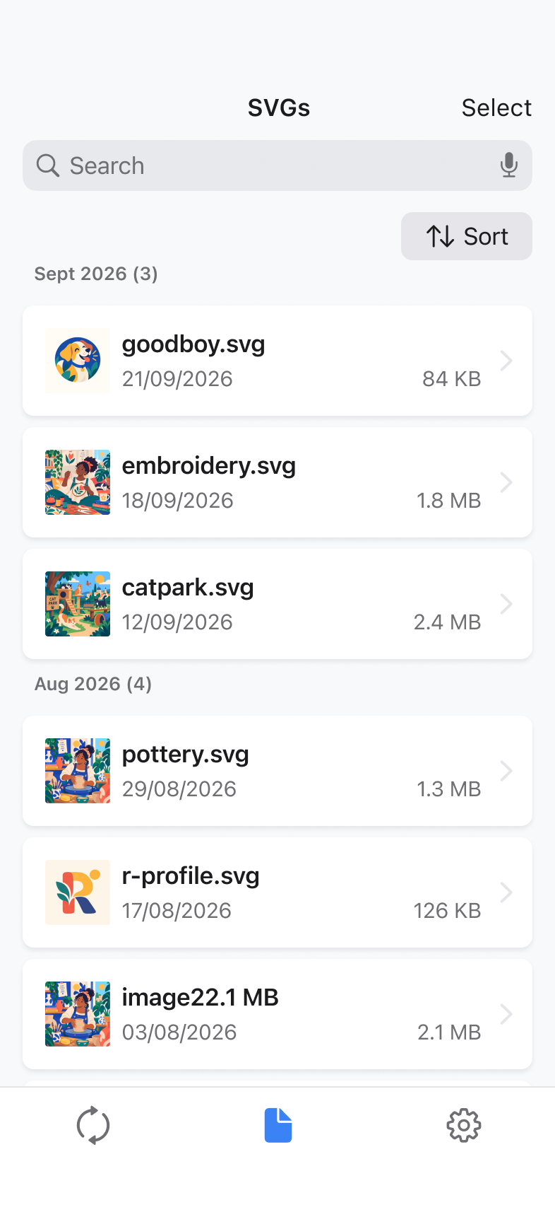 TrueSVG library showing saved SVG files