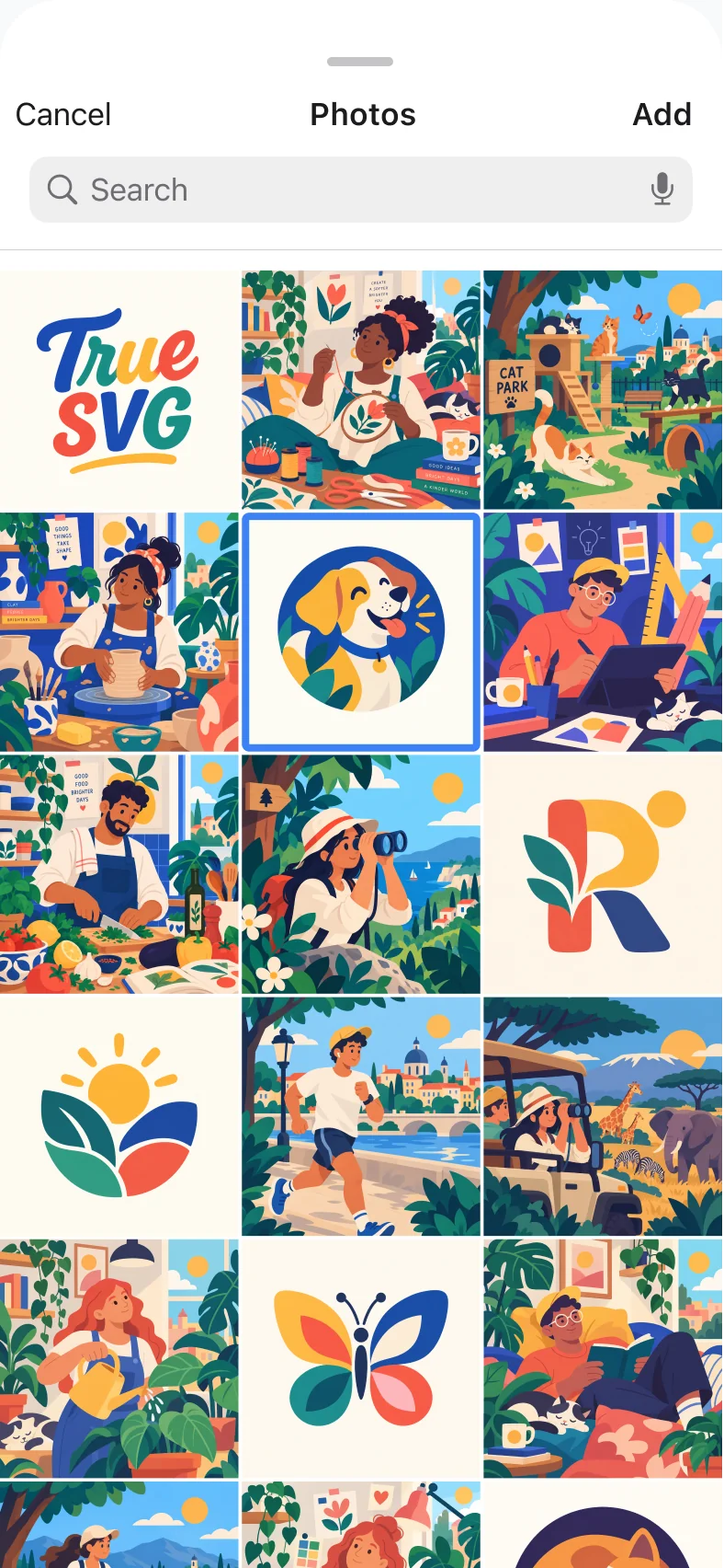 iOS Photos picker showing colorful illustrations ready to select for SVG conversion