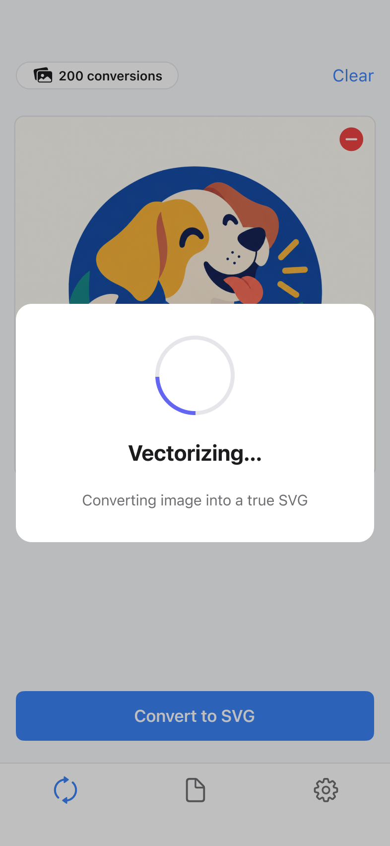 TrueSVG vectorization progress screen converting an image into a true SVG